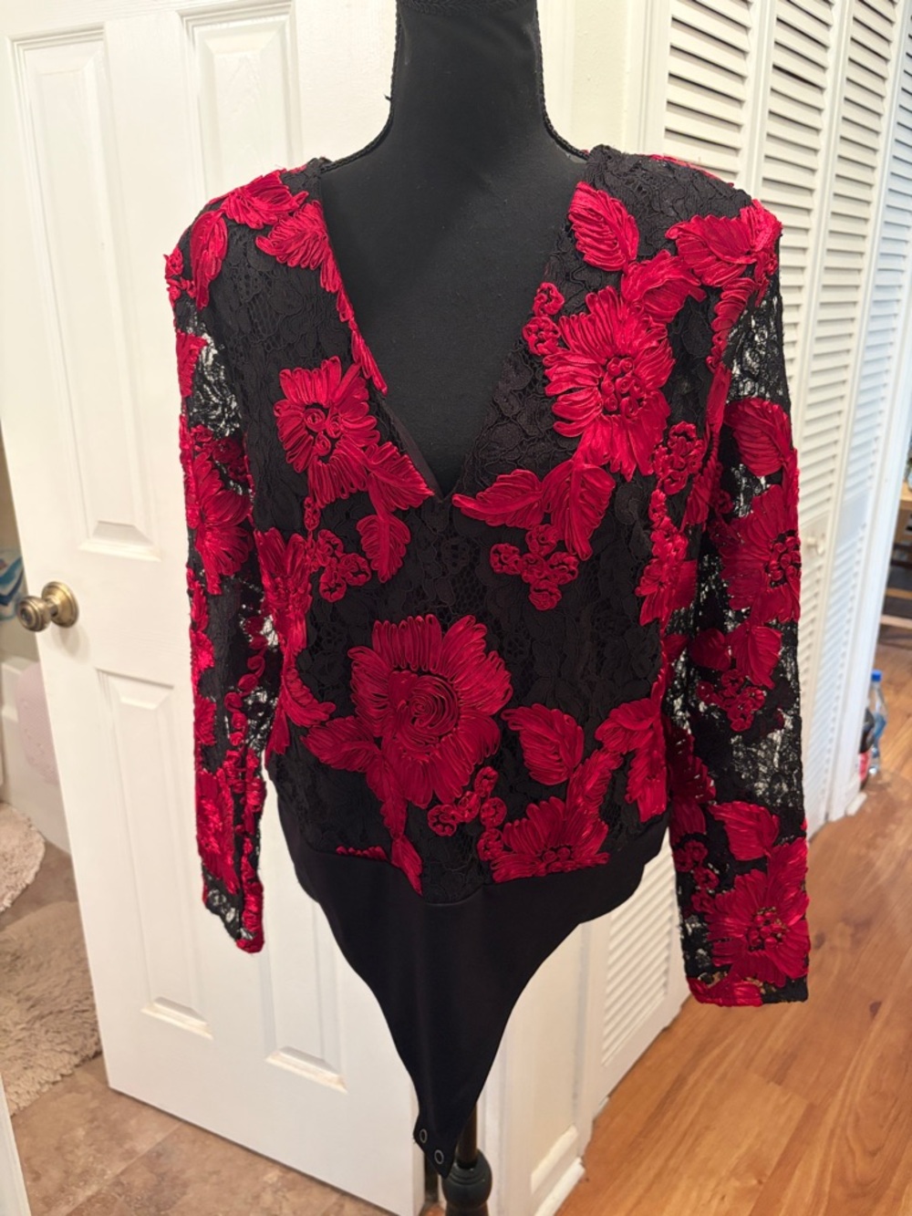 Express Red Floral Lace Bodysuit Top